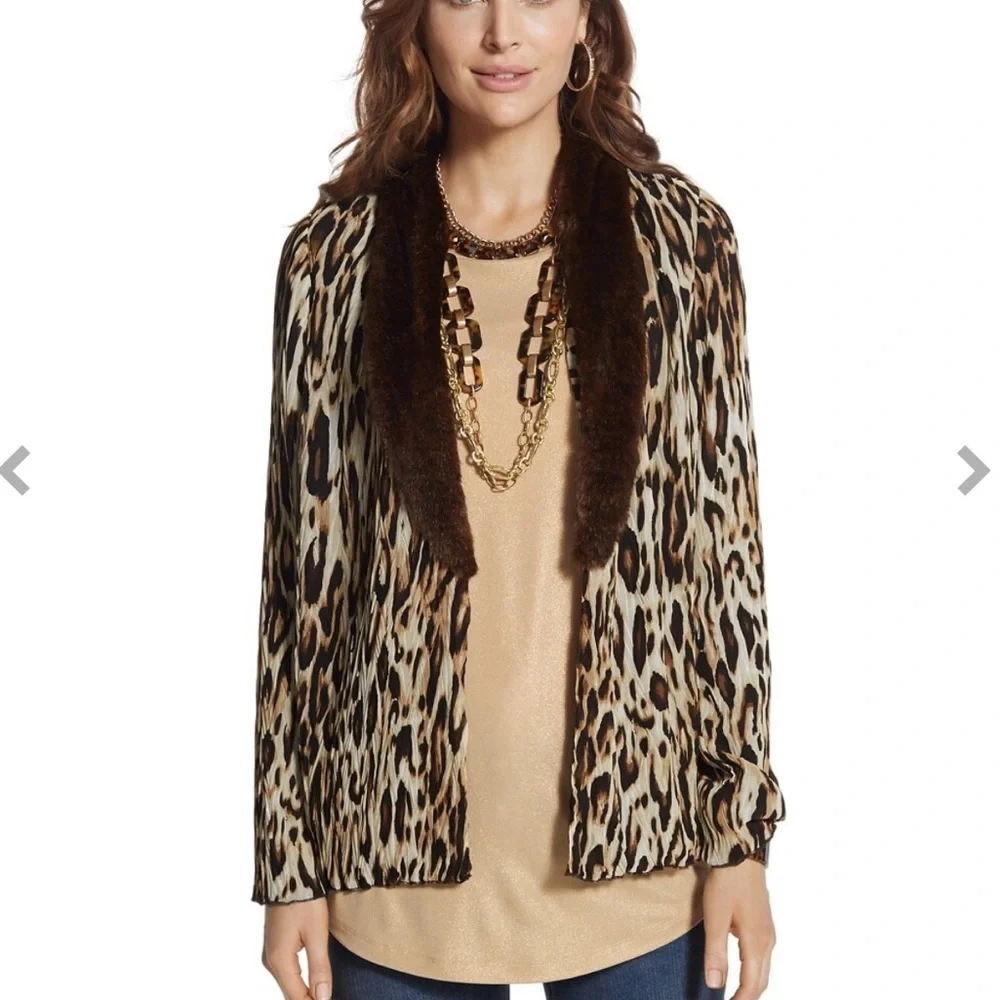 Chico’s Pleated Elegance Collar Jacket Faux Fur Animal Print sz L - Picture 1 of 8